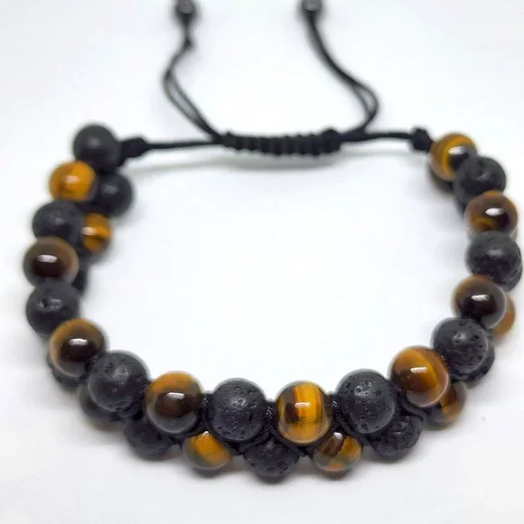 Natural Tiger Eye Black Lava Stone Double Strand Adjustable Lariat Bracelet